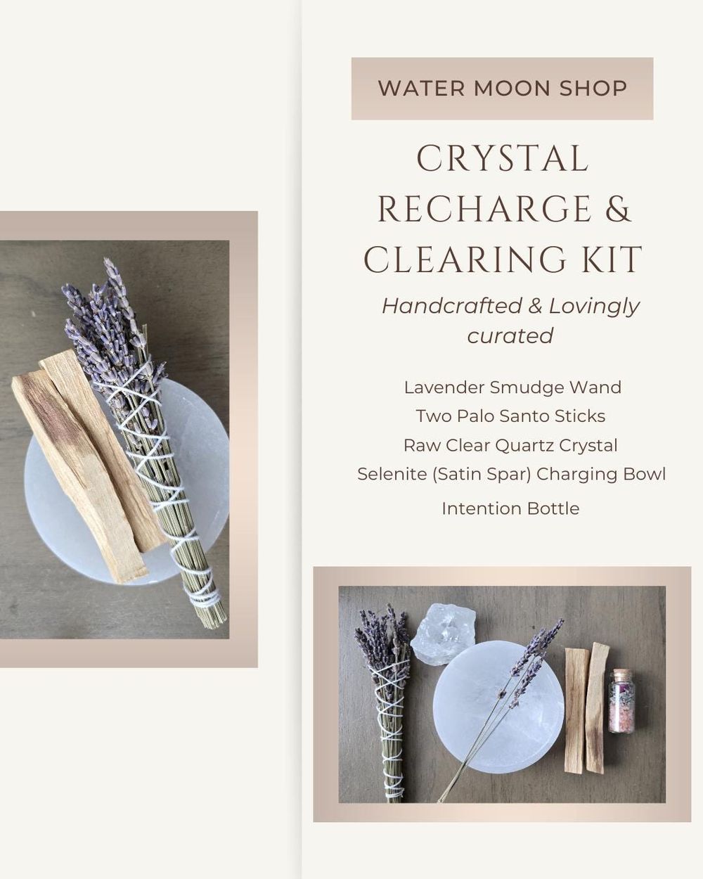 Crystal Recharge And Clearing Kit, Two Palo Santo Sticks, Raw Clear Quartz Crystal, Selenite Bowl, Smudge Stick, Spiritual Healing Gift